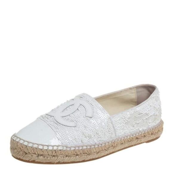 CHANEL White Woven Interlocking CC Logo Sequin Flat Espadrilles Size EU37 - Picture 5 of 15